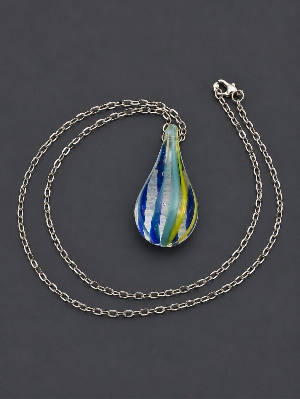 Handblown Blue and Green Art Glass Teardrop Pendant Chain Necklace